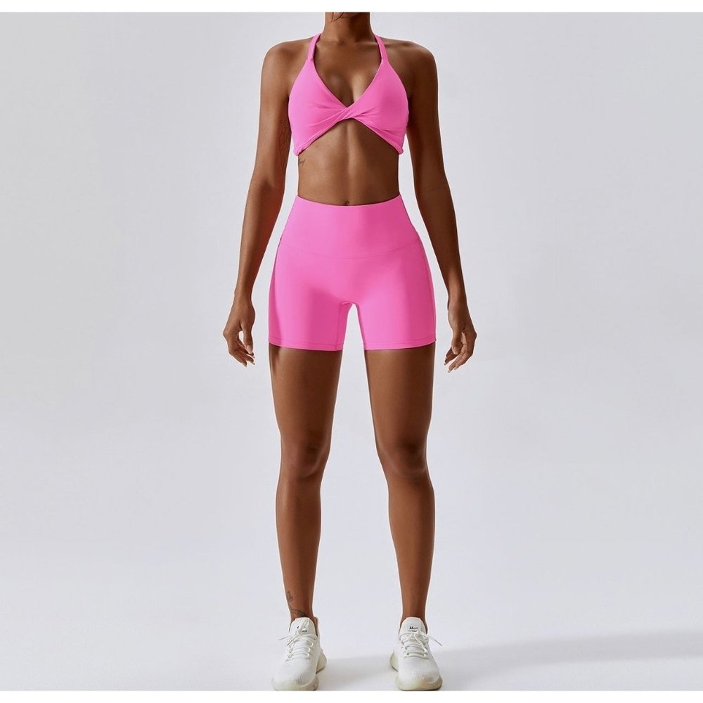 NEW PINK TWIST BRA AND SPANDEX ATHLETIC SET SIZE LARGE REMOVABLE BRA PADDING